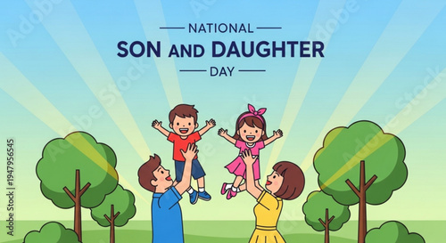 Happy family celebrating national son and daughter day with kids playing in park