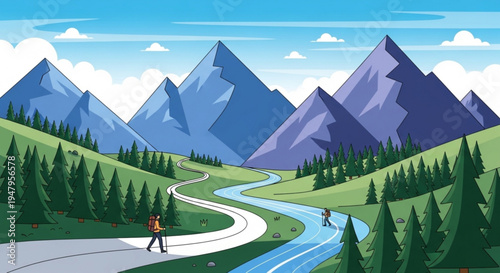 Hikers on winding road through green valley with majestic mountains under sunny blue sky