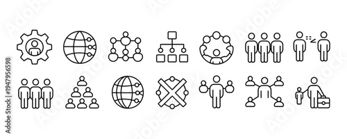 Black line icons of business organization and teamwork concepts