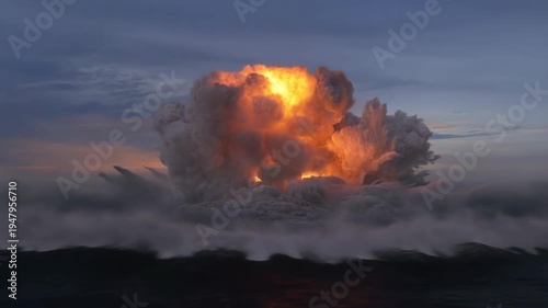 Explosion nuclear detonation over the open ocean with bright orange light featuring blast, wave, water with cloudy and sky elements for sunset, sea
