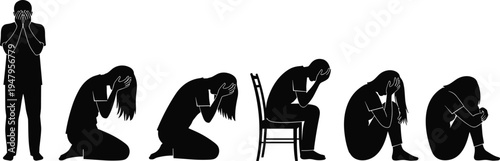 Sad people silhouettes crying and mourning in despair cad drawing flat vector illustration for mental health awareness and depression support