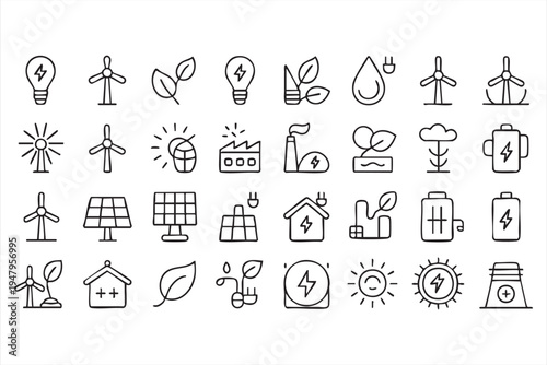 Sustainable Electricity and Green Technology Outline Icon Set