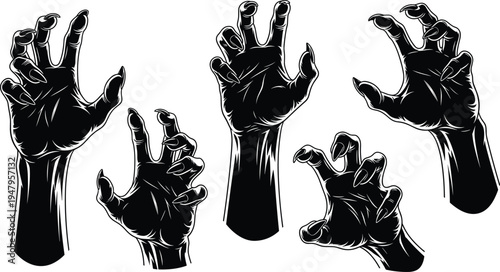 Scary monster hands set zombie reaching claws demonic hand silhouette horror halloween element spooky arm cad drawing flat vector illustration.