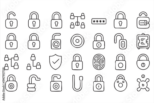 Biometric Fingerprint and Data Privacy Line Icon Set