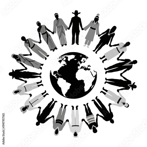 Diverse people holding hands around globe.