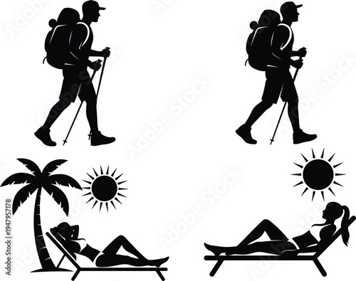 Hiker backpacker trekking silhouette set, woman relaxing on beach chair under palm tree and sun, summer vacation travel adventure vector illustration
