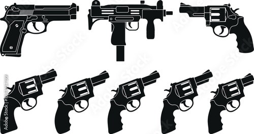 Vector Silhouette Collection of Handguns, Including Semi-Automatic Pistol, Submachine Gun, and Multiple Revolver Icons for Security, Defense, and Tactical Design