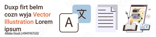 Language learning, artificial intelligence, technology integration, education tools, translation services, digital communication. language symbols, text and AI robot concepts. Highlights language