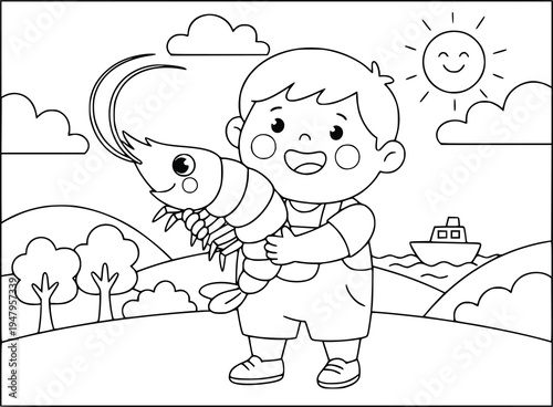Seafood character held by a happy boy for children coloring book page