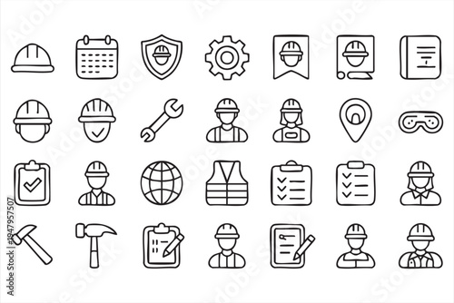 Industrial Engineering Tools and Protective Gear Outline Icon Set