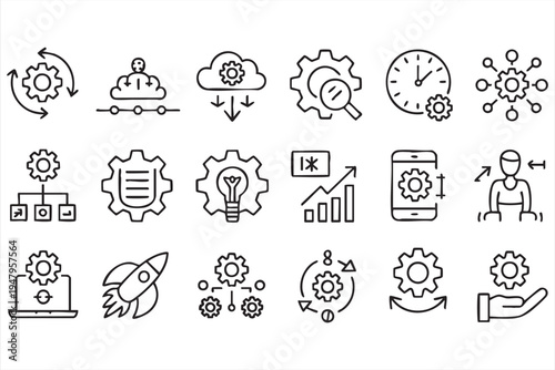 Business Process Automation and Workflow Optimization Line Icons