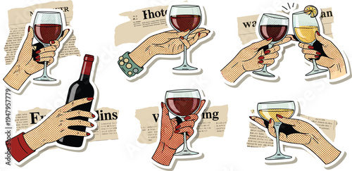 Wine Drinking Hands Illustration Set with Glasses, Bottle, Cheers Toast Gesture, and Vintage Newspaper Collage Style for Bar, Restaurant, Party, and Beverage Design