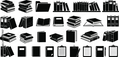 Book and Notebook Icon Set with Library Bookshelves, Binders, Clipboards and Study Materials for Education, Office, School Supplies and Vector Design