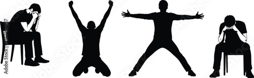 WebSet of man silhouettes expressing emotions of sadness failure and success cad drawing flat vector illustration of person in various poses.
