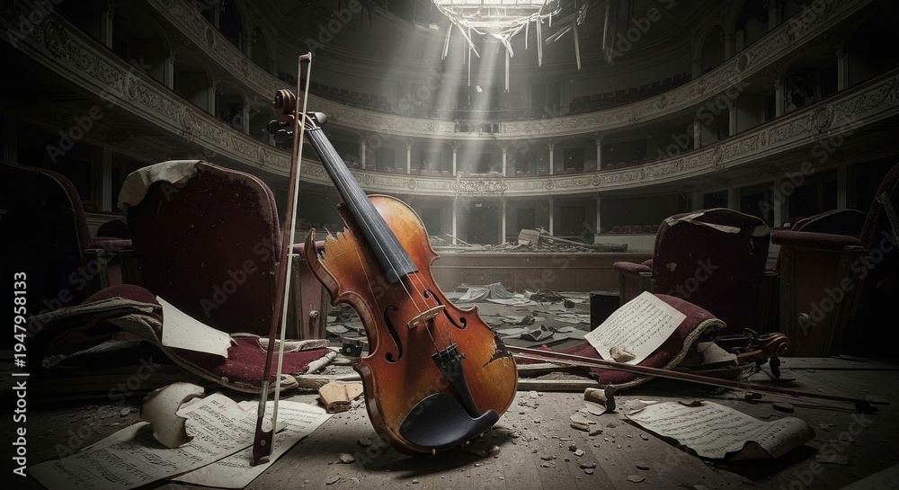 Fototapeta premium Broken Violin in Abandoned Theatre Ruins