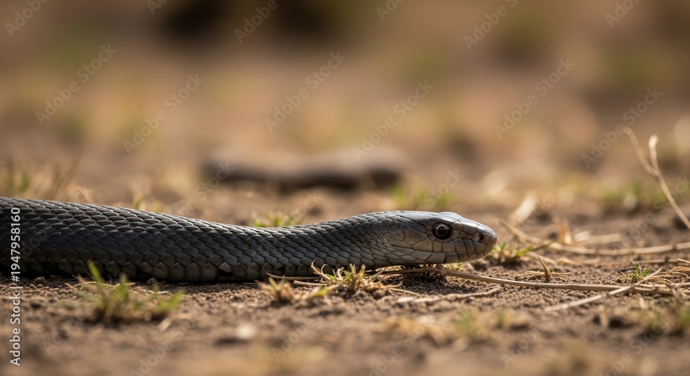 Obraz premium Close-up of a black mamba snake slithering across dry, dusty ground in a natural outdoor habitat, with its head in sharp focus.