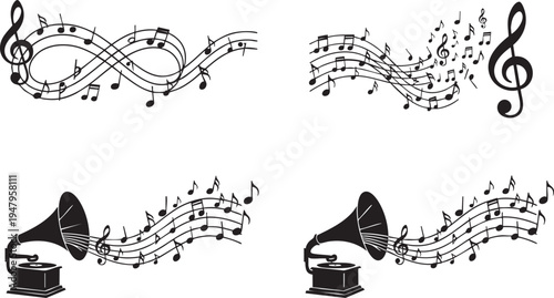 Musical Notes and Gramophone Vector Illustration Set