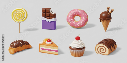 Colorful Sweet Dessert Icon Set Featuring Donut, Cupcake, Chocolate Bar, Ice Cream, Cake Slice, Croissant, Candy Lollipop and Swiss Roll 3D Vector Collection