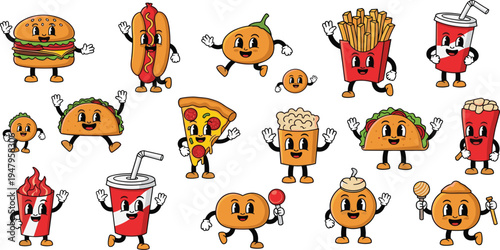 Cute Fast Food Mascot Character Set with Burger, Hot Dog, Pizza, Fries, Soda, Popcorn and Taco Cartoon Illustrations for Kids Menu and Packaging