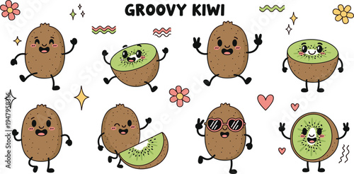 Cute Groovy Kiwi Fruit Mascot Cartoon Character Set with Funny Kawaii Kiwi Characters for Stickers, Kids Design, Healthy Food Branding and Vector Illustration