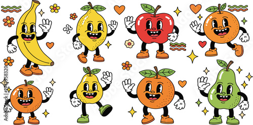 Cute Fruit Cartoon Characters Set with Banana, Apple, Orange, Lemon, and Pear Mascots in Retro Style for Stickers, Kids Illustration, and Healthy Food Branding