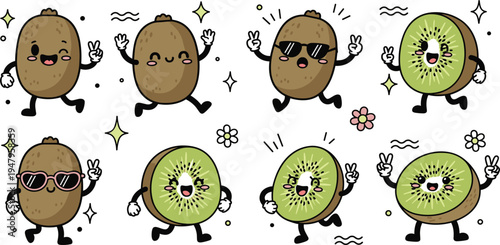 Cute Kiwi Fruit Mascot Cartoon Character Set with Funny Kawaii Kiwi Characters in Different Poses for Stickers, Healthy Food Branding and Kids Designs