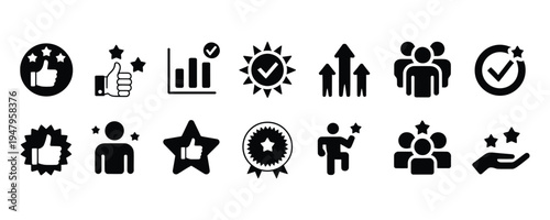 Black icons of ratings, Feedback, And evaluation symbols on white background