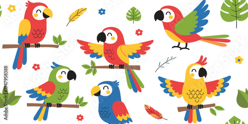 Cute Parrot Cartoon Bird Character Set with Colorful Tropical Parrots Sitting on Branches for Kids Design, Jungle Theme and Vector Illustrations