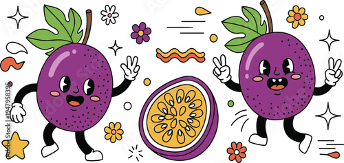 Cute Passion Fruit Mascot Cartoon Character Set with Funny Tropical Maracuja Fruit Characters for Stickers, Healthy Food Branding and Kids Designs