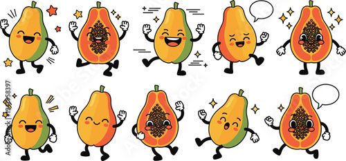Cute Papaya Fruit Mascot Cartoon Character Set with Funny Tropical Papaya Characters in Different Poses for Stickers, Healthy Food Branding and Kids Designs