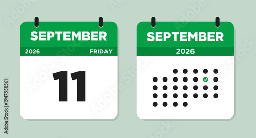 September 11 (Friday) 2026 Calendar page Vector Illustration. 11 September calendar page. Day calendar with date September 11. Week Starts on Sunday. Modern Calendar template icon.