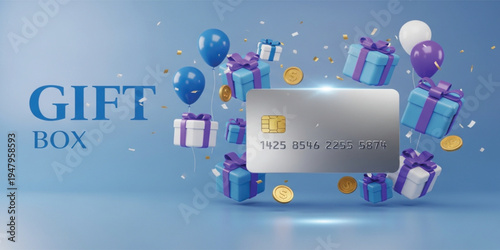 Gift Box Reward Concept with Credit Card Coins Balloons and Present Boxes for Online Shopping Promotion Loyalty Program Bonus or Marketing Campaign