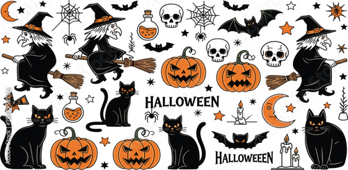 Halloween Icon Set with Witch, Black Cat, Pumpkins, Skulls, Bats, Spider Webs and Magic Elements for Spooky Holiday Decorations and Seasonal Designs