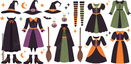 Halloween Witch Costume Set with Dresses, Hats, Cloaks, Broomsticks, Boots, and Magic Accessories for Spooky Party Design, Fantasy Illustration, and Holiday Decorations