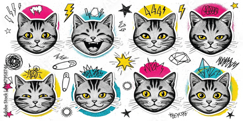 Hand Drawn Cute Cat Face Sticker Set with Doodle Elements, Funny Kitty Expressions, Colorful Pop Art Style Vector Illustration for Prints, Stickers, and Design