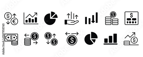 Financial icons for business and investment concepts on white background