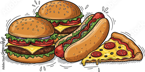 Hand Drawn Fast Food Illustration with Burger, Cheeseburger, Hot Dog, and Pepperoni Pizza Slice for Restaurant Menu, Street Food Poster, and Snack Design