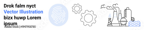 Industrial innovation, biometric technology, machinery processes, manufacturing, data security, technology integration. a fingerprint, gears and factories. Industrial innovation and biometric