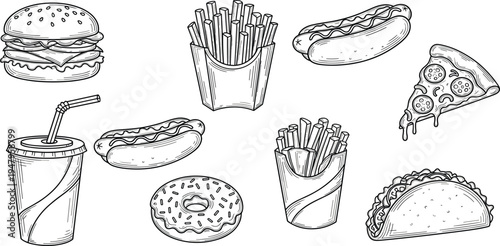 Hand Drawn Fast Food Sketch Set with Burger, French Fries, Hot Dog, Pizza Slice, Donut, Taco, and Soda Drink for Restaurant Menu Design