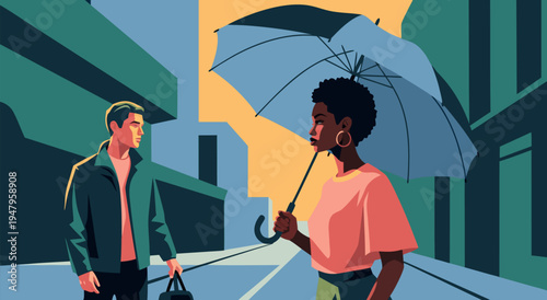 A vector illustration of a man and woman meeting on a city street with an umbrella on a rainy day