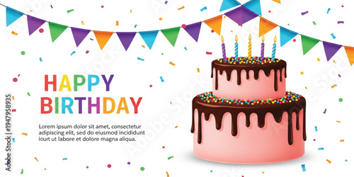 Happy Birthday Celebration Banner with Chocolate Drip Cake Colorful Confetti Party Flags and Candles for Greeting Card Invitation Poster or Party Decoration