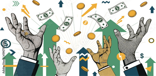 Hands Reaching for Flying Money Illustration with Dollar Bills, Coins, and Growth Arrows Symbolizing Financial Success, Investment Opportunity, Wealth Increase, and Business Profit Concept