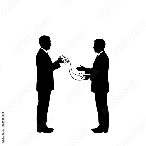 Two businessmen exchanging a dollar bill.