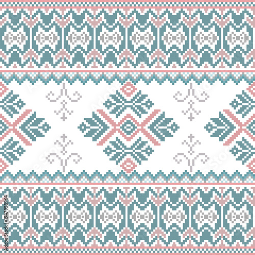 Seamless pixel art pattern inspired by Nordic knitwear. Features geometric snowflakes and traditional folk borders in soft teal and rose tones. Perfect for winter textiles and gift wrapping.