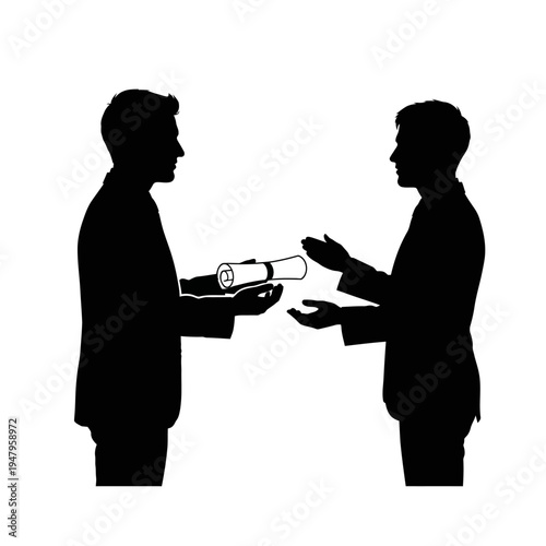 Two businessmen exchanging a rolled document.
