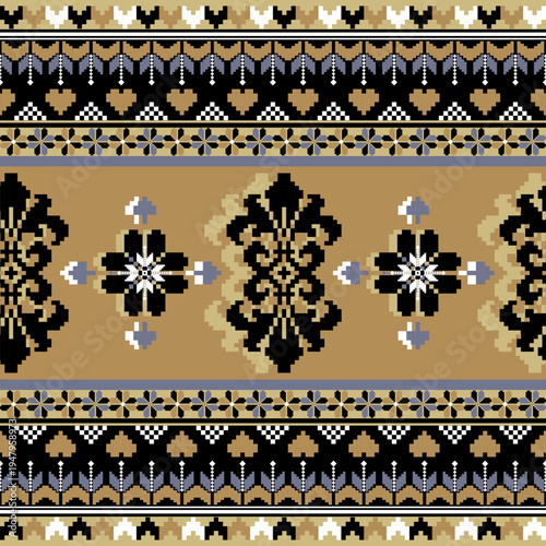Elegant pixel art border with ornate damask and floral motifs. High-contrast black and gold palette with lavender accents. Ideal for luxury branding, ethnic textiles, and vintage-style designs.