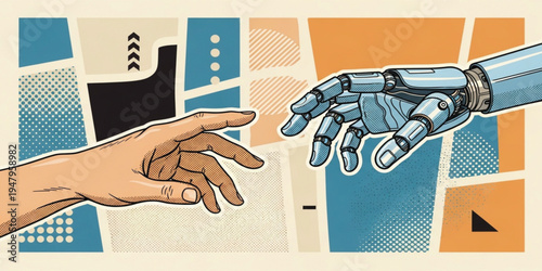Human Hand Reaching Robotic Hand Pop Art Vector Illustration Inspired by Technology Connection Concept, Artificial Intelligence Collaboration, Future Innovation, and Human Machine Interaction