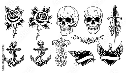 Black and White Tattoo Art Vector Set with Classic Design Elements