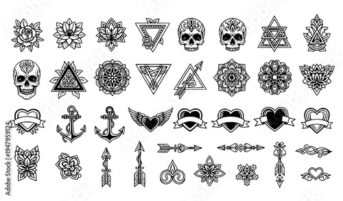 Black and White Tattoo Vector Collection with Traditional and Modern Design Elements