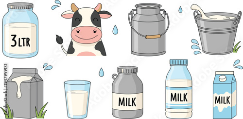 Milk and Dairy Product Icon Set with Cow, Glass Bottle, Carton, Bucket and Farm Fresh Milk Elements for Agriculture and Food Vector Illustration